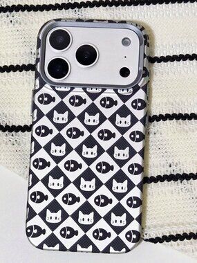 Cute Cat & Fish Checkerboard Phone Case
